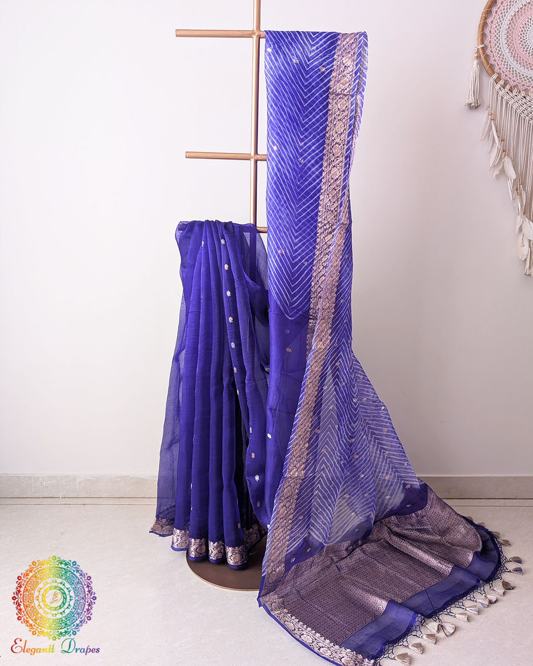 Royal Blue Banarasi Kora Silk Saree folded Pallu drape with Kadhuwa weave