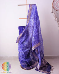 Royal Blue Banarasi Handloom Kora Silk Leheriya Saree draped view