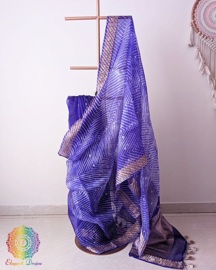 Royal Blue Banarasi Handloom Kora Silk Leheriya Saree draped view