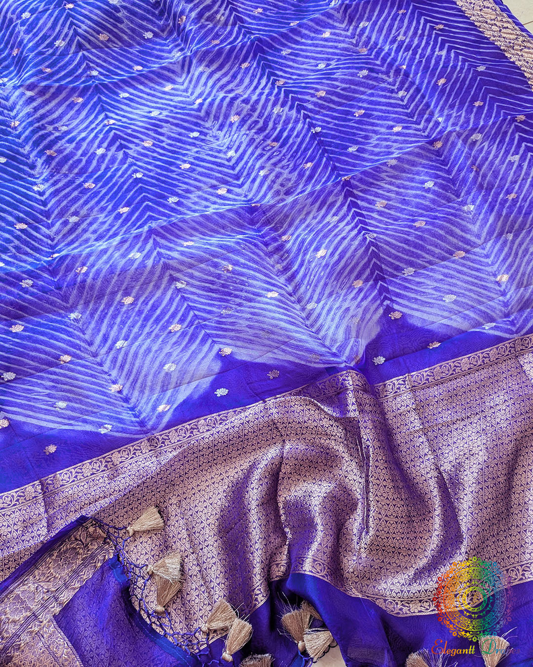 Close-up of Leheriya Pallu detailing on Royal Blue Banarasi Kora Silk Saree