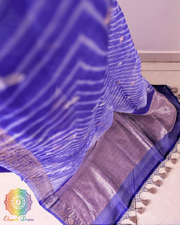 Close-up of Leheriya Pallu and Banarasi Zari Border on Royal Blue Kora Silk Saree