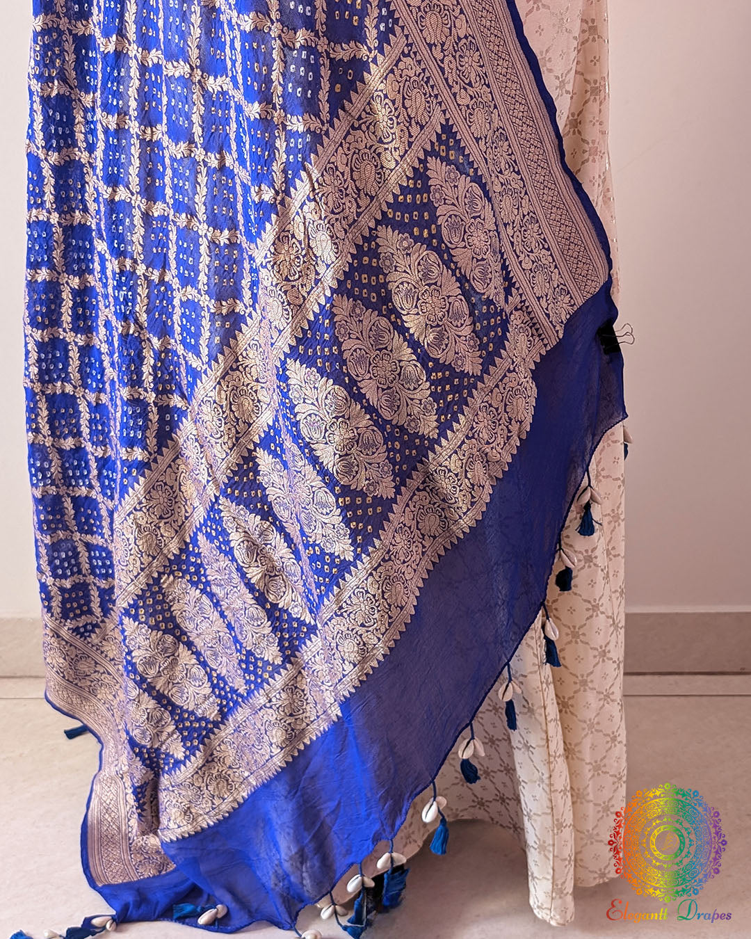 Close-up of Gharchola and Bandhani detailing on Blue Banarasi Georgette Dupatta