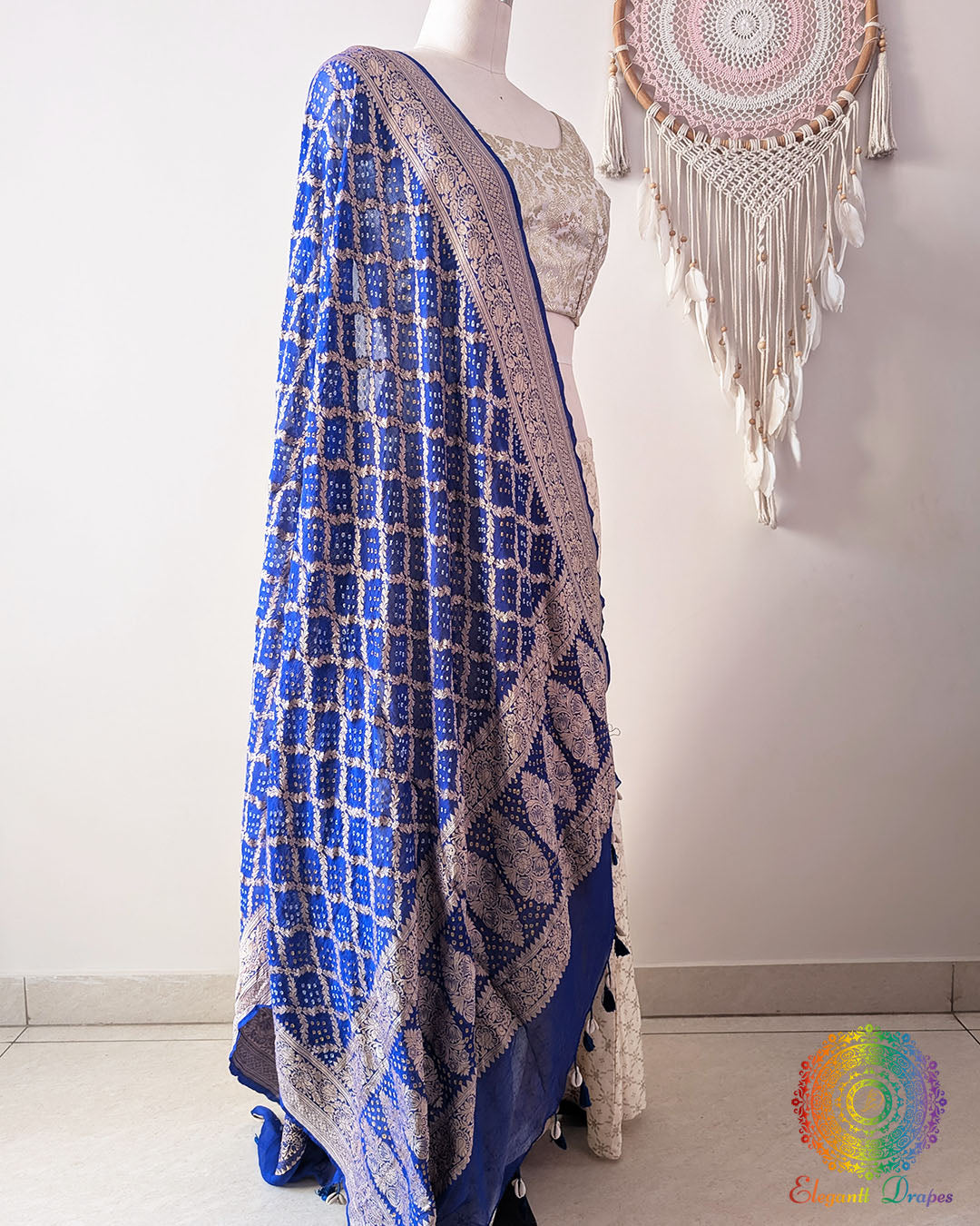 Blue Banarasi Georgette Gharchola Bandhani Dupatta side drape view