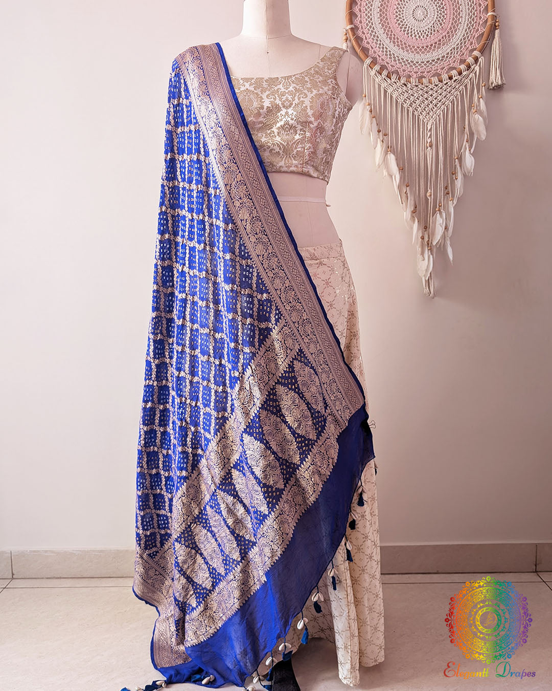 Blue Banarasi Georgette Gharchola Bandhani Dupatta front drape view