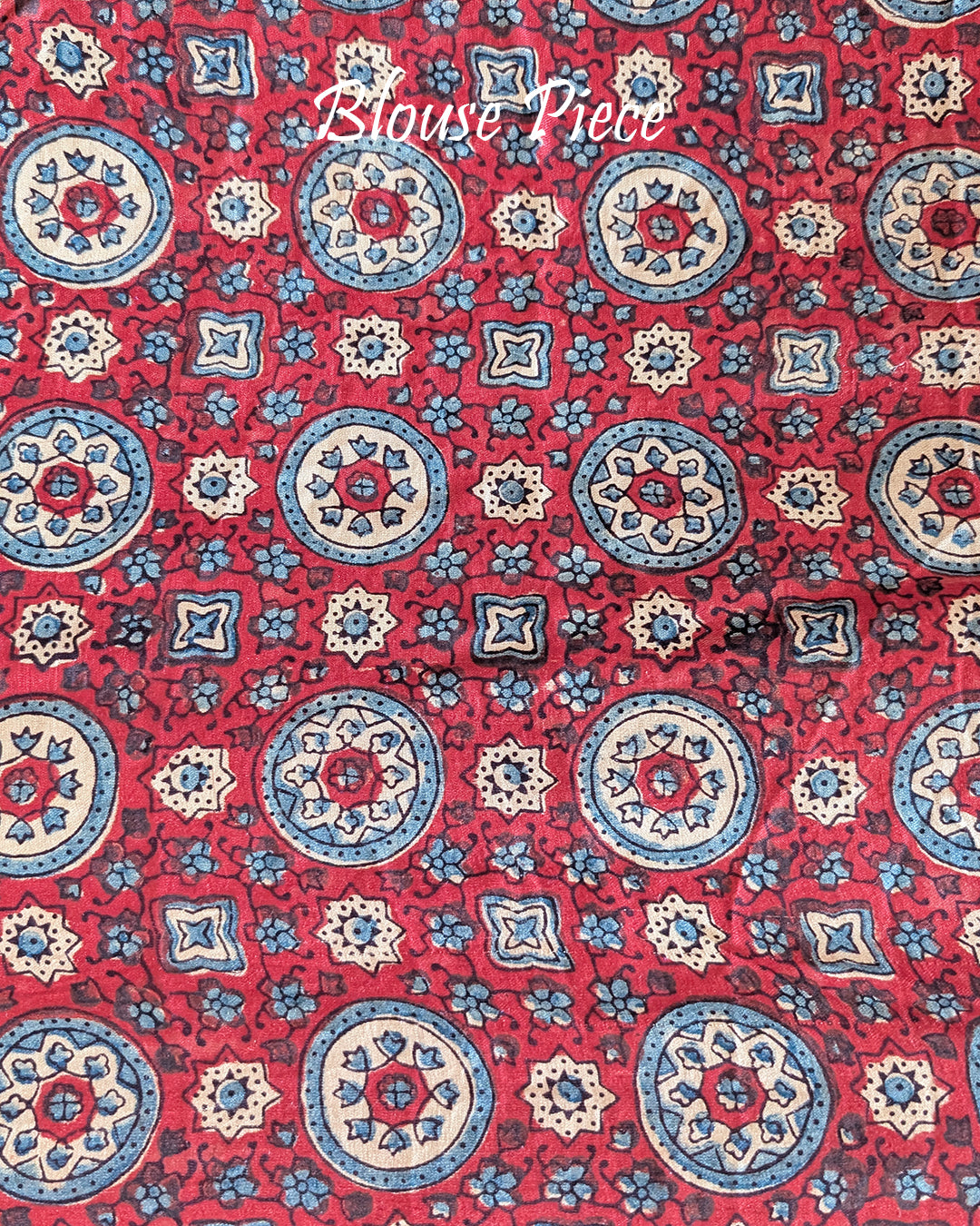 Matching blouse piece in royal blue bandhani gaji silk fabric with Ajrakh detailing