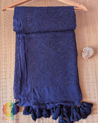 Navy Blue Mul Cotton Saree with Chikankari Threadwork