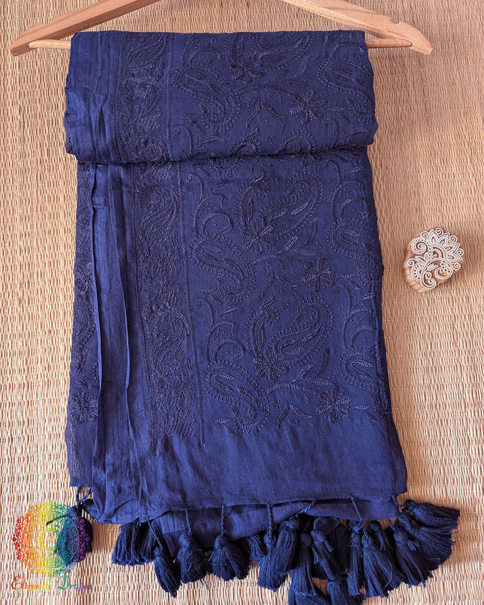 Navy Blue Mul Cotton Saree with Chikankari Threadwork