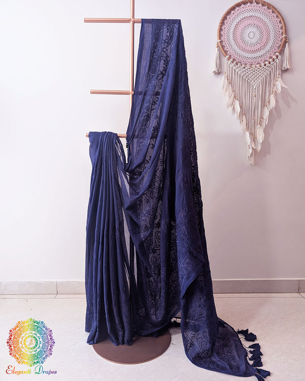 Blue Mul Cotton Saree with Chikankari Threadwork full view