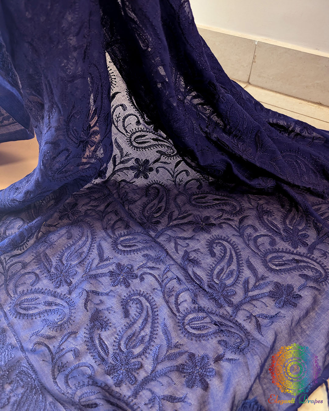 Close-up of heavy Chikankari-inspired threadwork on Blue Mul Cotton Saree