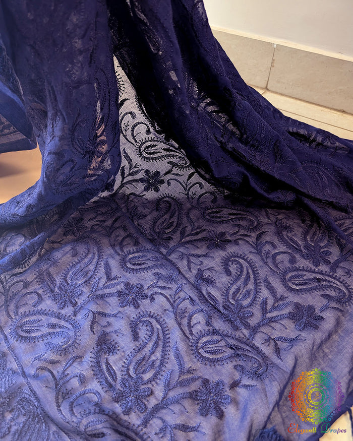 Close-up of heavy Chikankari-inspired threadwork on Blue Mul Cotton Saree