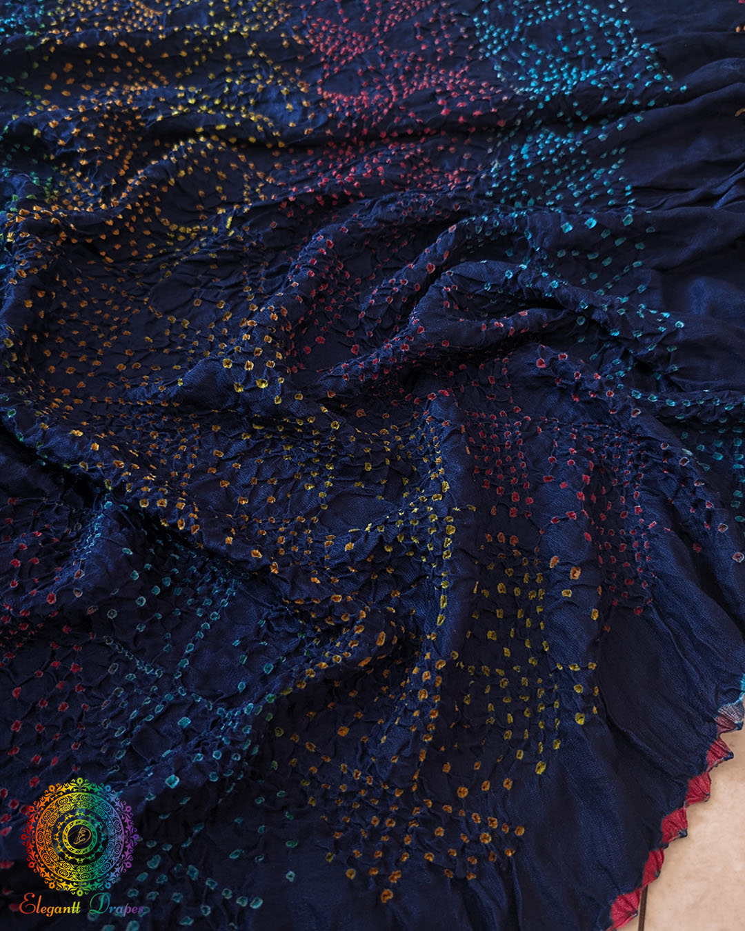 Detailed view of Multicolor Bandhej pattern on Blue Gajji Silk Dupatta