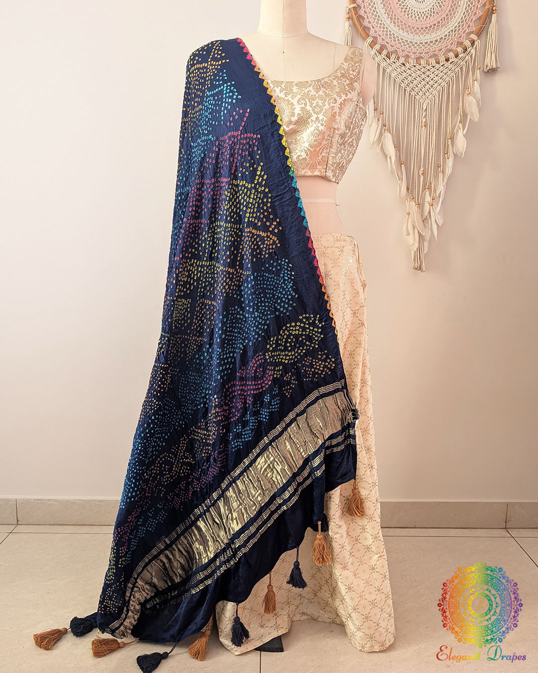 Blue Gajji Silk Multicolor Bandhani Dupatta full drape view