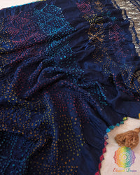 Deep Blue Gajji Silk Dupatta with Multicolor Bandhani detailing