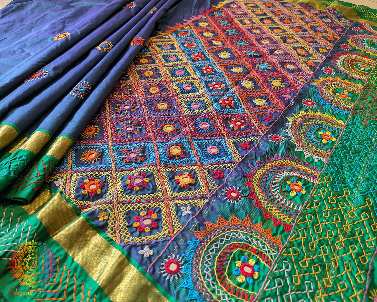Close-up of Colourful Lambani Motifs on Blue Green Dhup Chhaon Kanjivaram Silk Saree