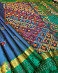 Blue Green Dhup Chhaon Kanjivaram Silk Saree with Sindhur Lambani Handwork