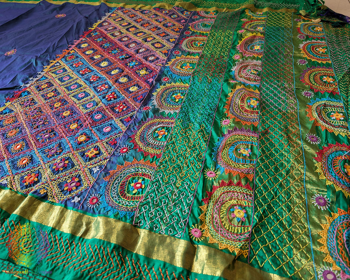 Blue Green Dhup Chhaon Body with Green Pallu and Sindhur Lambani Handwork