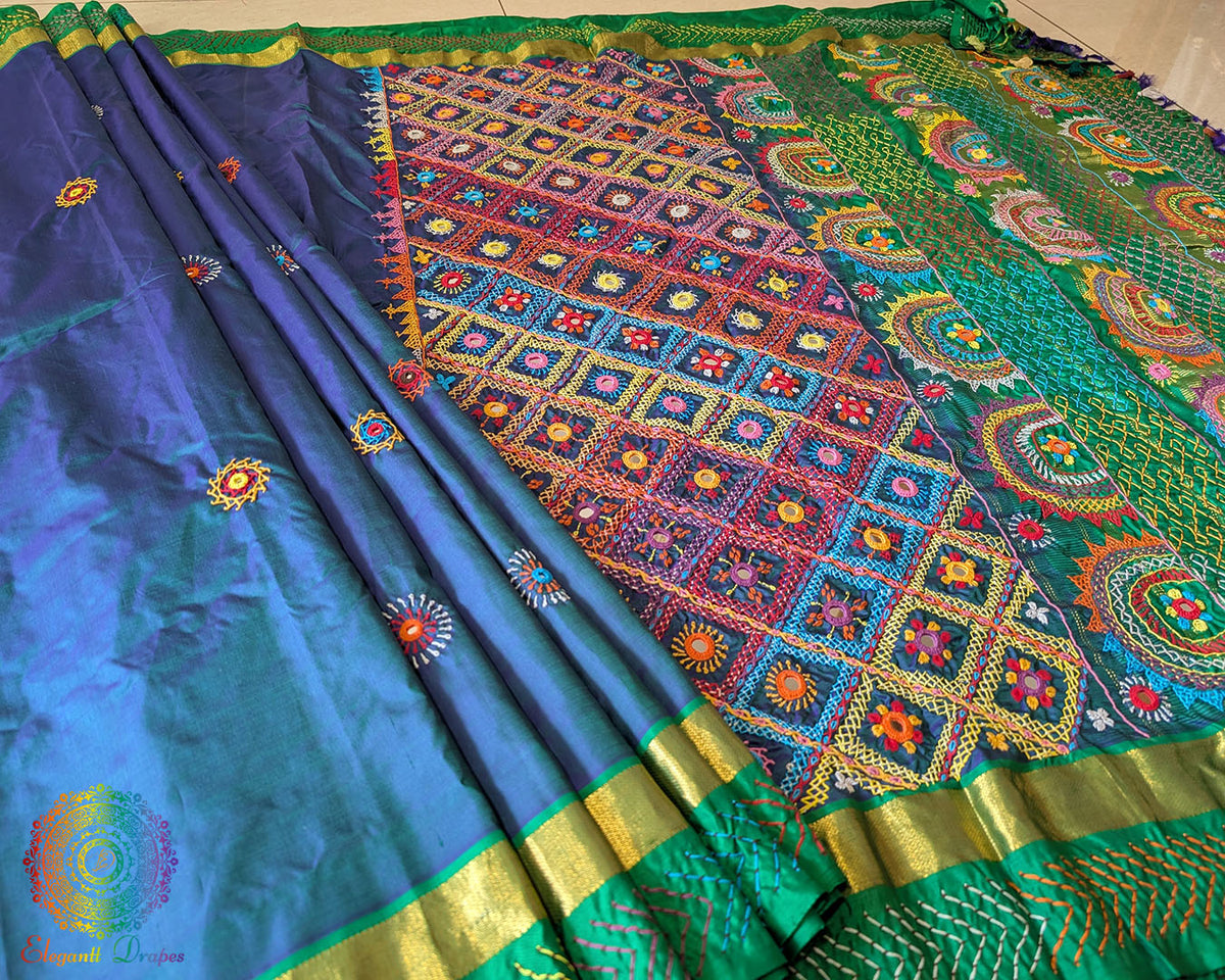 Green Pallu Detail of Blue Green Dhup Chhaon Kanjivaram Silk Saree