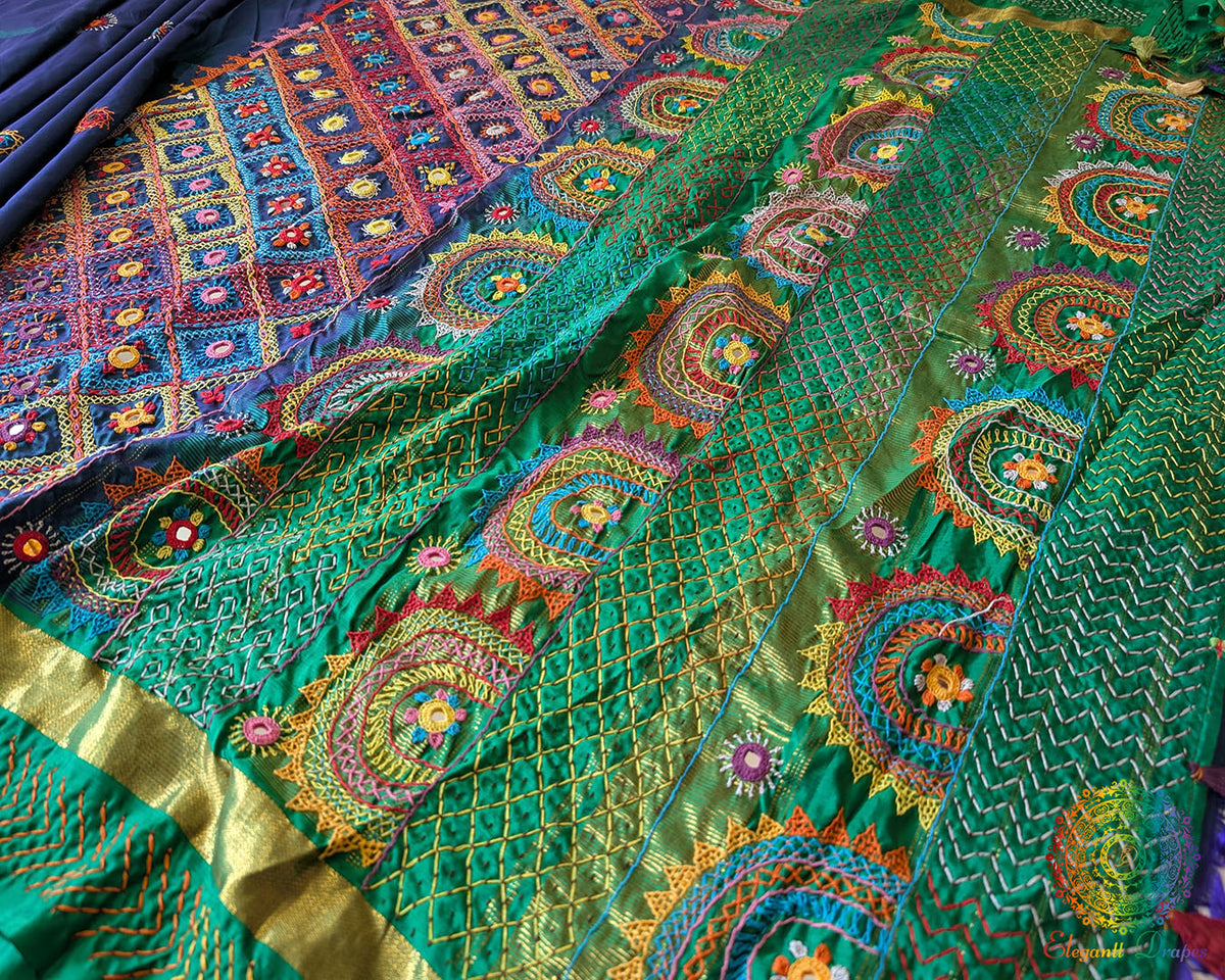 Detailed Sindhur Lambani Hand Embroidery on Blue Green Kanjivaram Silk Saree