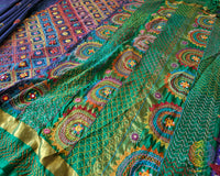 Detailed Sindhur Lambani Hand Embroidery on Blue Green Kanjivaram Silk Saree