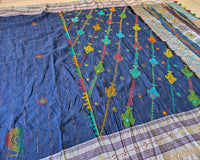 Indigo Blue Ilkal cotton saree with delicate Lambani embroidered bootas across the body