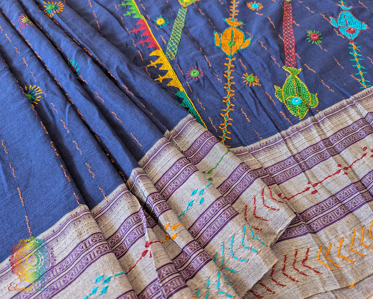Indigo Blue Ilkal cotton saree with Lambani hand embroidery