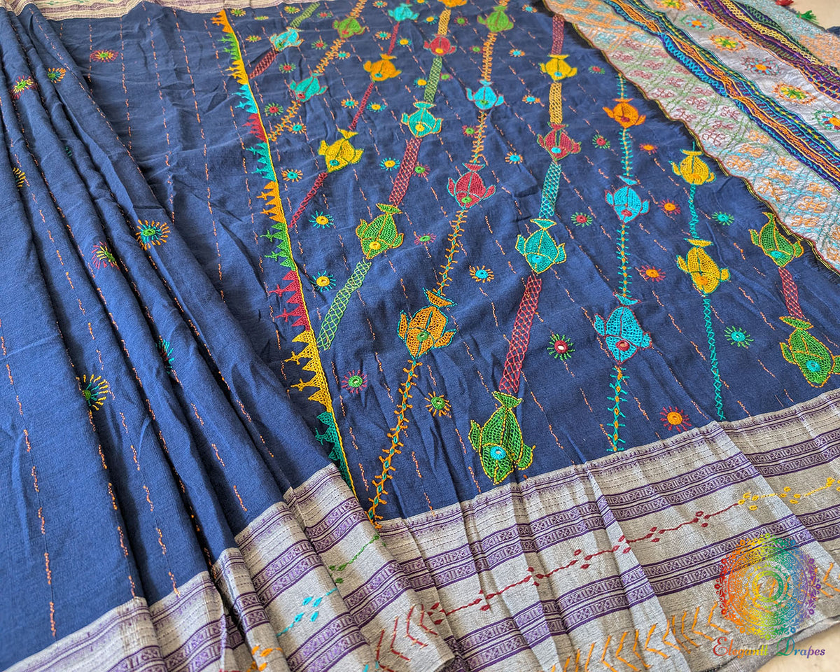Close-up of delicate Lambani embroidered bootas on the Indigo Blue Ilkal cotton saree