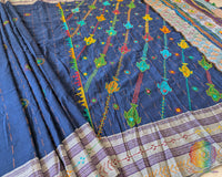 Close-up of delicate Lambani embroidered bootas on the Indigo Blue Ilkal cotton saree