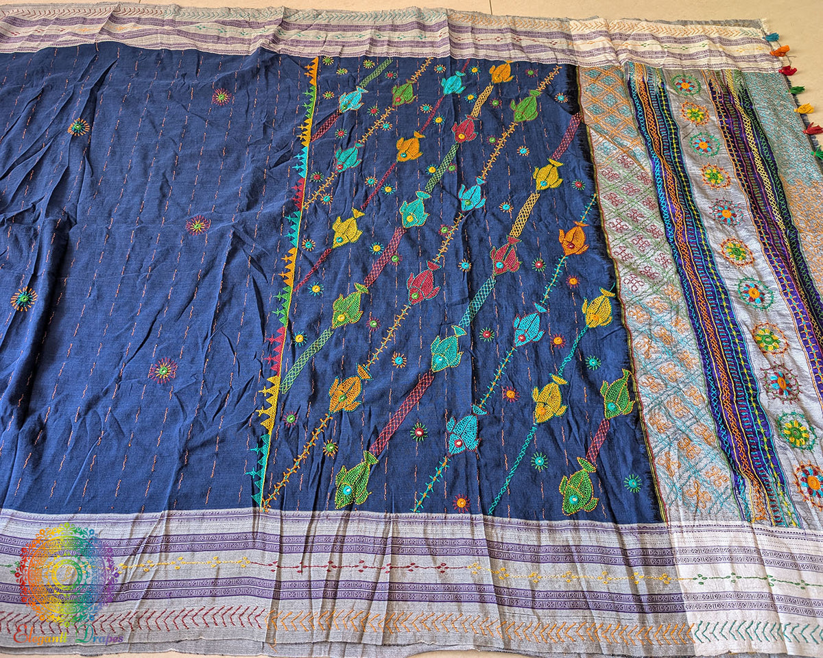 Indigo Blue Ilkal cotton saree with Lambani hand embroidery and heavily embroidered palla