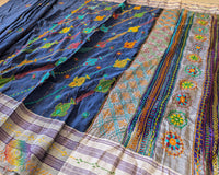 Indigo Blue Ilkal cotton saree showcasing approximately 1-meter heavily embroidered Lambani palla