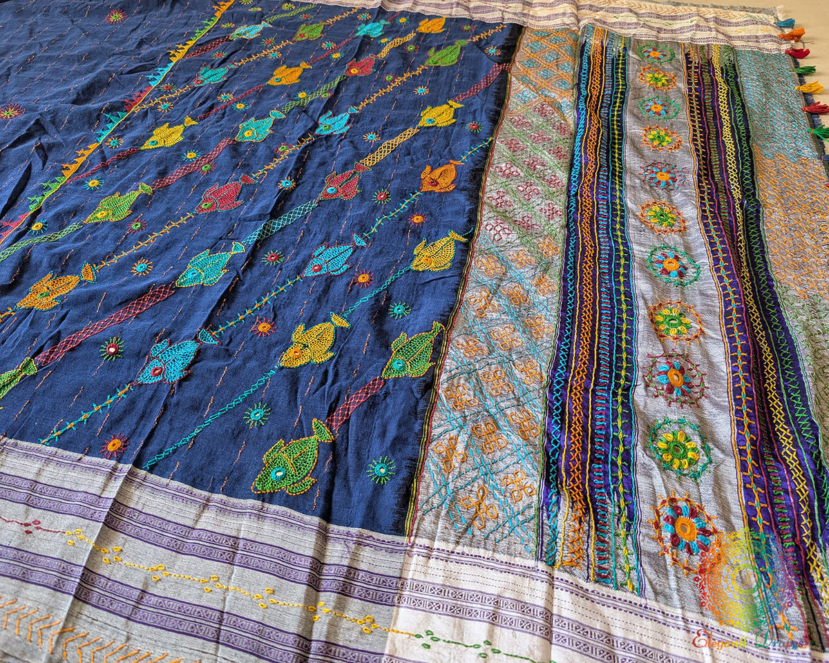 Side view of Indigo Blue Ilkal cotton saree highlighting graceful drape and handcrafted embroidery