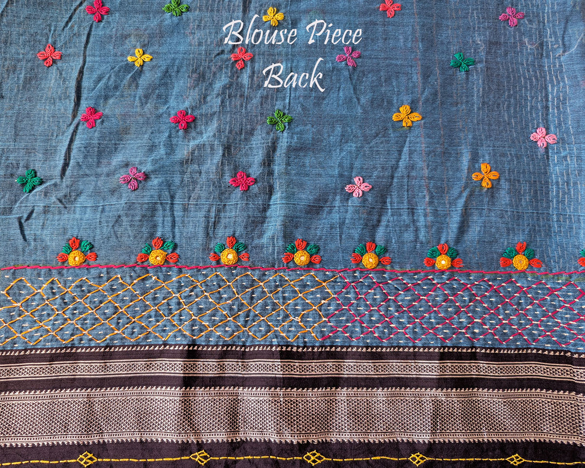 Blue Ilkal cotton saree with Lambani handwork blouse back