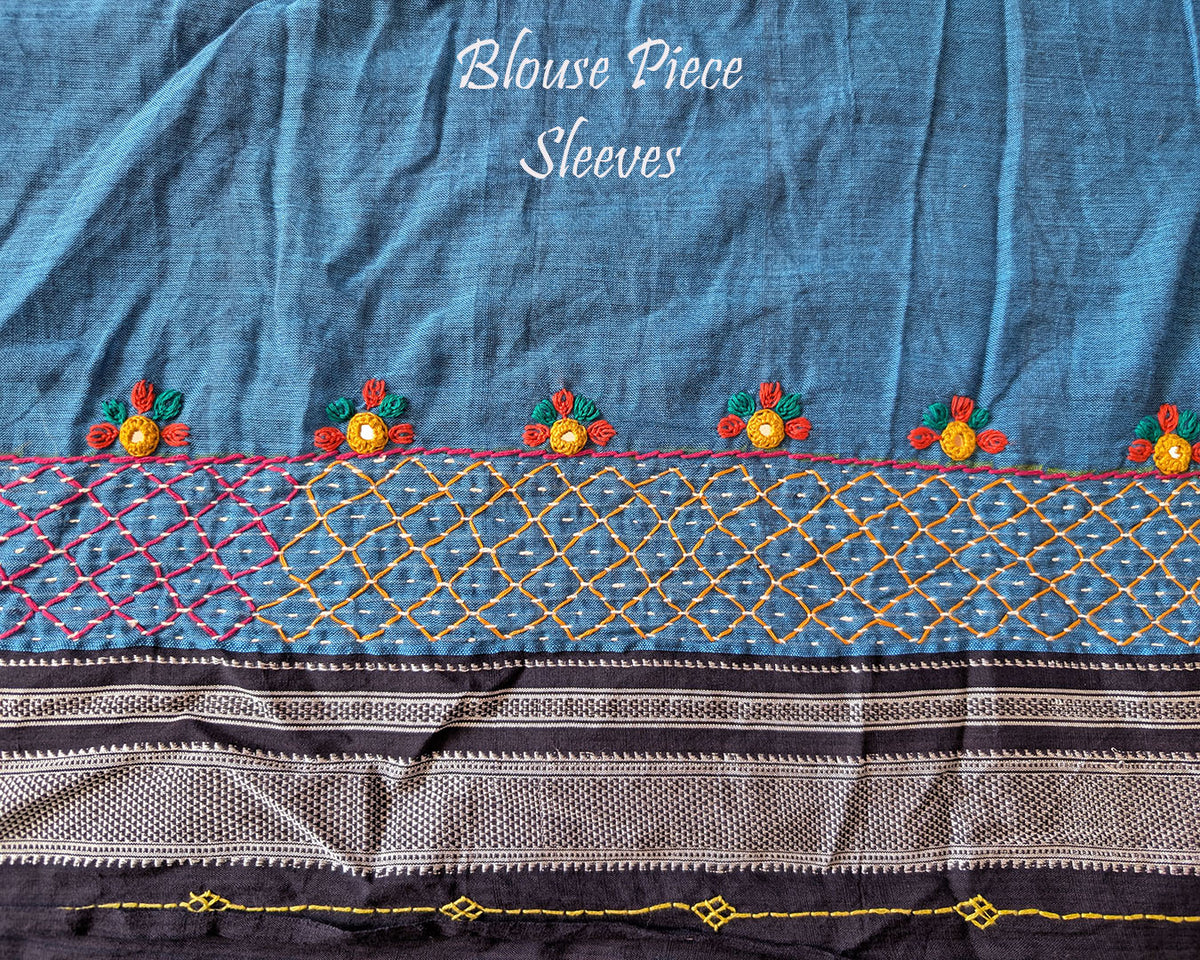 Blue Ilkal cotton saree with Lambani handwork blouse sleeves