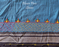 Blue Ilkal cotton saree with Lambani handwork blouse sleeves