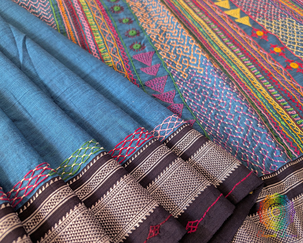 Blue Ilkal cotton saree with Lambani handwork pleats floor view