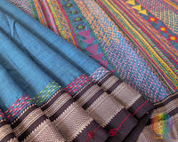 Blue Ilkal cotton saree with Lambani handwork pleats floor view