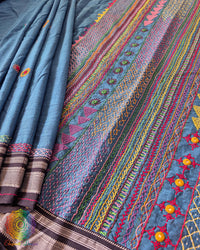 Blue Ilkal cotton saree with Lambani handwork floor view