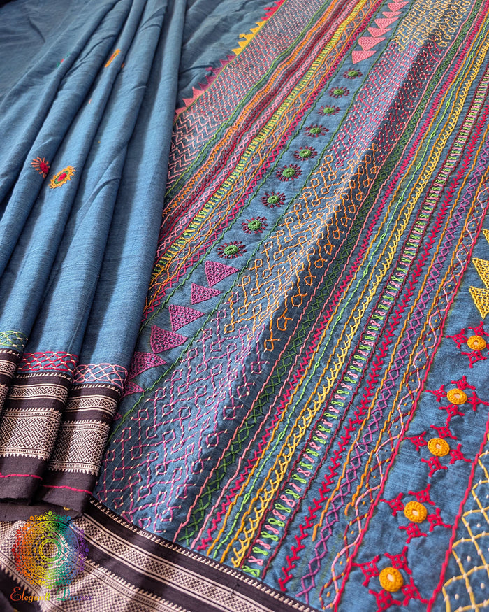 Blue Ilkal cotton saree with Lambani handwork floor view