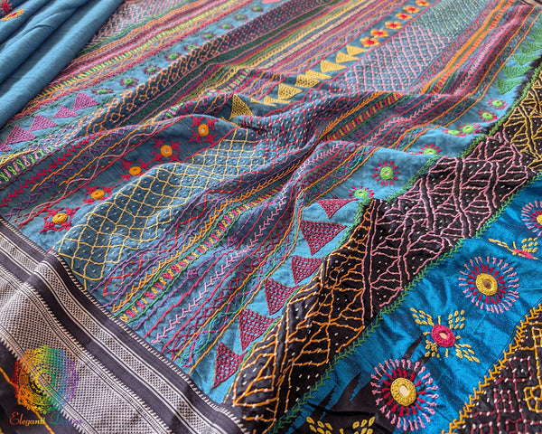 Blue Ilkal cotton saree with Lambani handwork border floor view