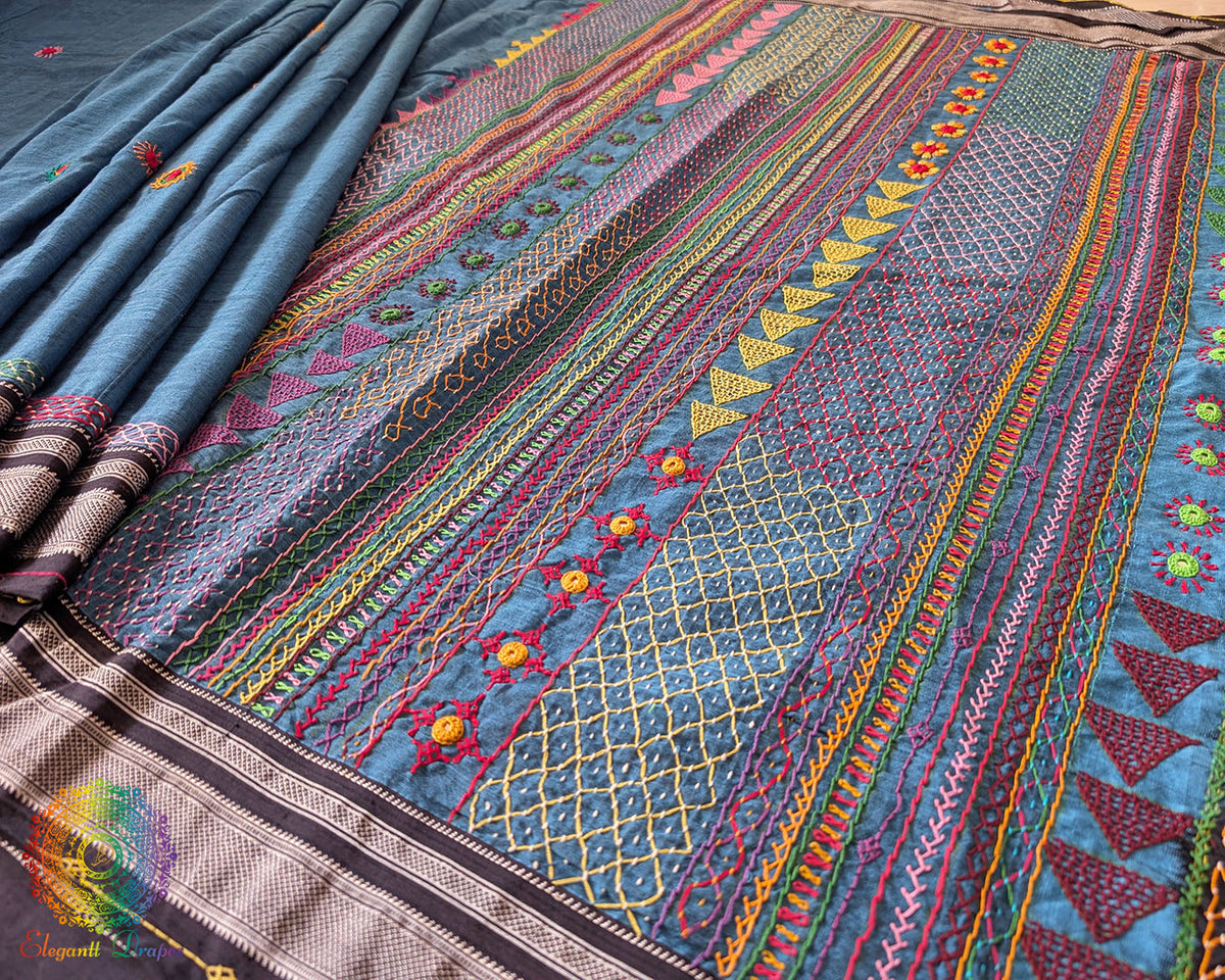 Blue Ilkal cotton saree with Lambani handwork open floor view