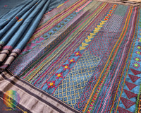 Blue Ilkal cotton saree with Lambani handwork open floor view