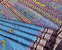 Blue Ilkal cotton saree with Lambani handwork embroidery close up floor view
