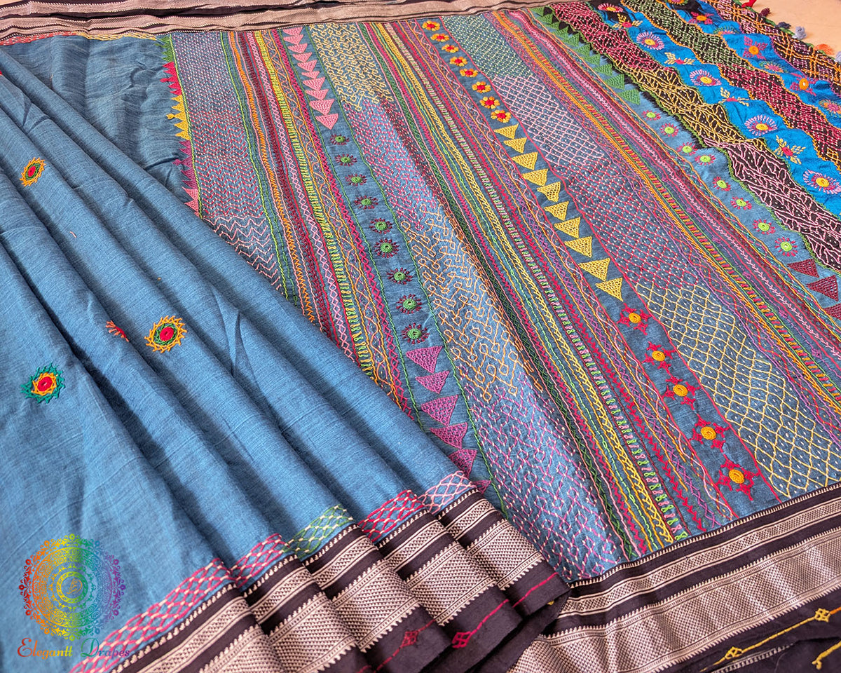 Blue Ilkal cotton saree with Lambani handwork complete set floor view