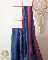 Blue linen saree body close up highlighting Bhujodi weave texture