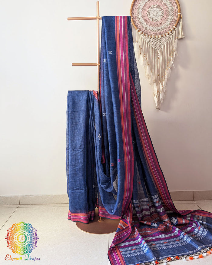 Blue linen Bhujodi weave saree on mannequin showing complete drape and fall
