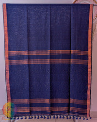 Full navy blue linen saree laid open showing overall design and layout