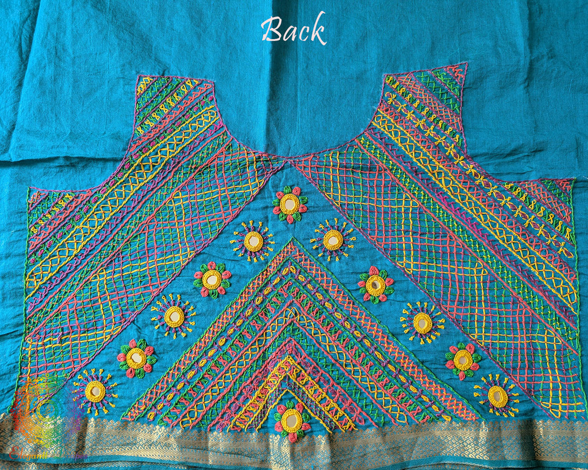 Blue Mangalgiri Cotton Lambani Embroidered Blouse Piece back work