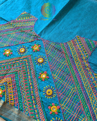 Close-up of Lambani hand embroidery on Blue Mangalgiri Cotton Blouse Piece back