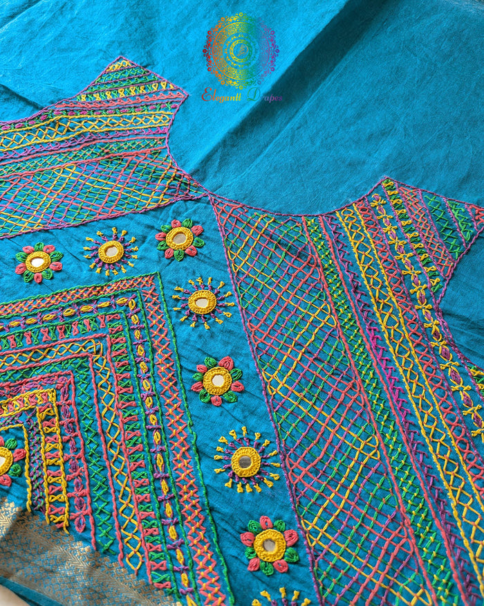 Close-up of Lambani hand embroidery on Blue Mangalgiri Cotton Blouse Piece back