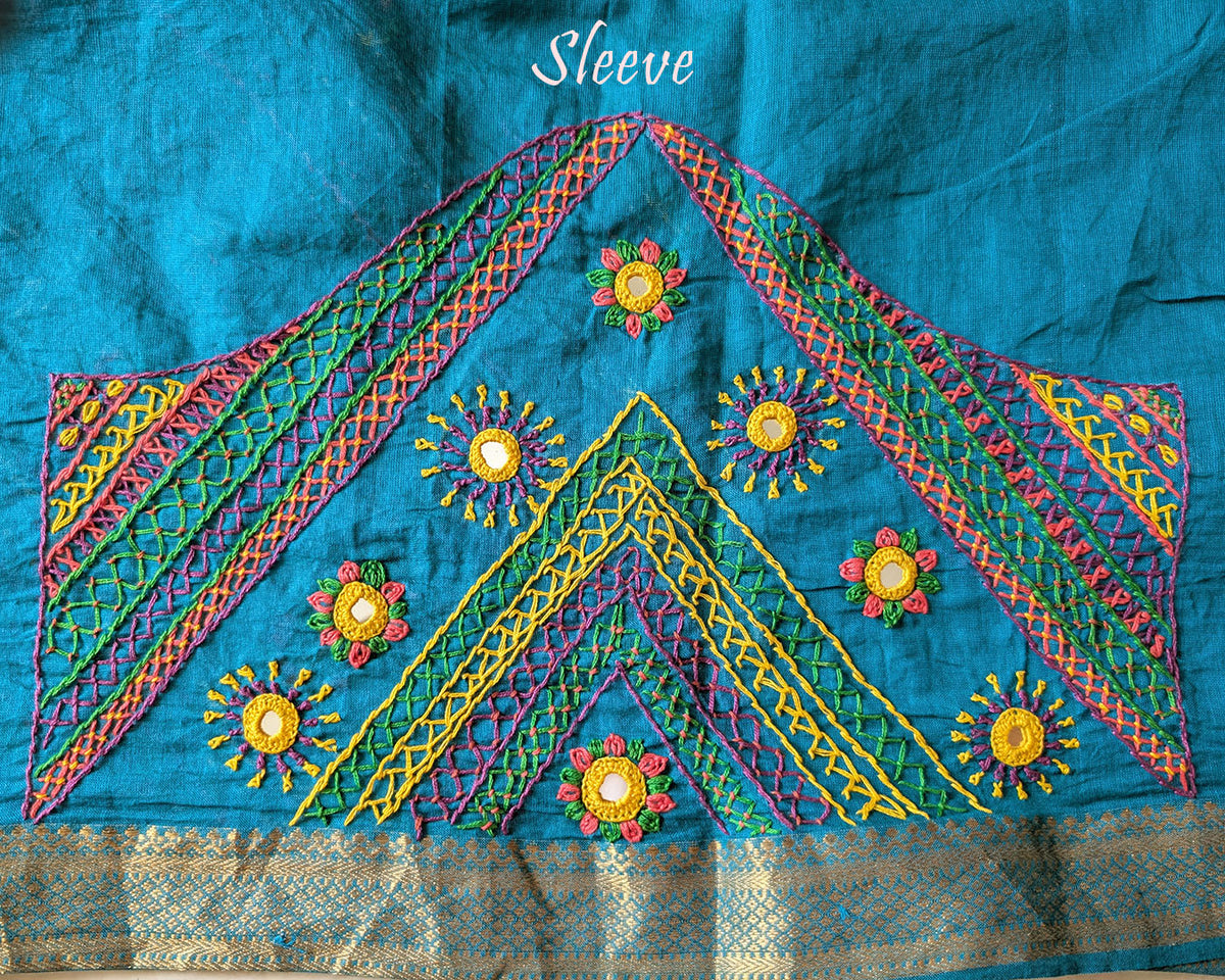 Close-up of Lambani embroidered sleeve on Blue Mangalgiri Cotton Blouse Piece
