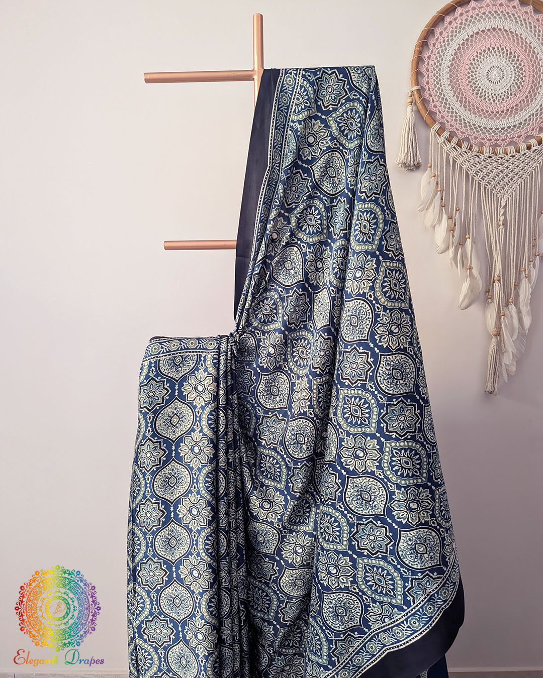 Close up of natural indigo modal silk Ajrakh block print saree